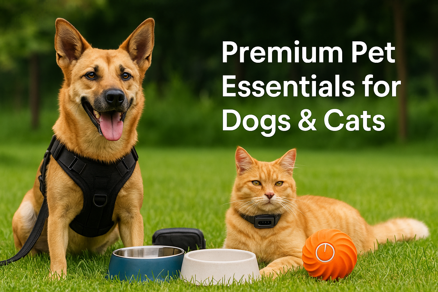 "Dog and cat on grass with pet bowls and smart toy – Premium Pet Essentials banner"