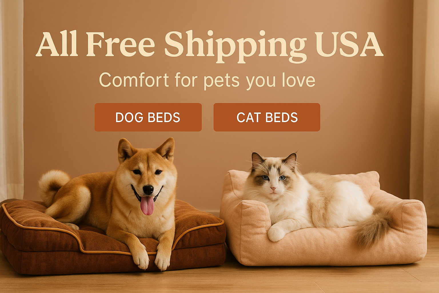 Dog and cat resting on pet beds with All Free Shipping USA banner