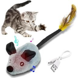 USB-rechargeable interactive cat mouse toy with LED lights, feather tail, and chirping sounds, shown with a playful kitten.