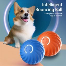 smart interactive dog ball with LED lights and bouncing motion next to small dog
