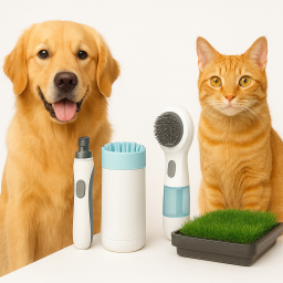 Golden Retriever and orange tabby cat with pet grooming tools, including a nail grinder, paw cleaner, steam brush, and grass training pad.