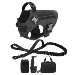 Black military tactical dog harness set with leash and detachable utility pouches