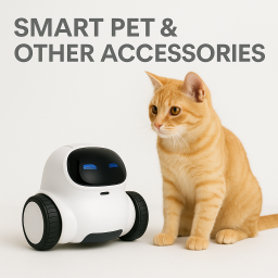 Orange tabby cat sitting next to a white smart pet robot, representing the smart pet and accessory products in this category.