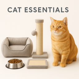 cat sitting beside essential cat items including a bed, scratching post, scratching pad, and food bowl.