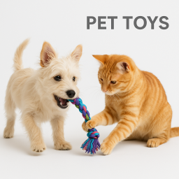 Dog and cat playing with a colorful rope toy, representing the interactive, chew, and catnip toys in this pet toys category.