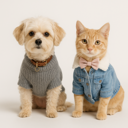 Dog in a gray sweater and cat wearing a denim jacket with a bow, representing fashionable pet clothing and accessories.