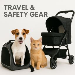 Dog inside a travel carrier and a cat sitting beside a pet stroller, representing travel and safety gear for pets.